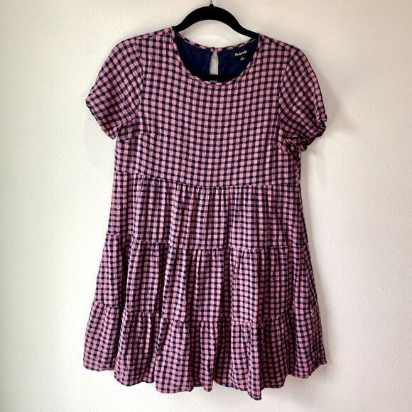 Madewell Short-Sleeve Tiered Mini Dress in Gingham Check S - Picture 1 of 10